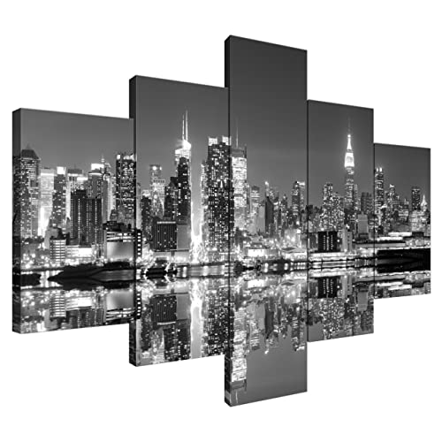 Estika® Leinwand bilder - Manhattan New York Schwarz Weiß - 100x70 cm, 5 teilige kunstdruck - Wandbilder wohnzimmer, schlafzimmer, Moderne wanddeko, Bild auf leinwand - New York bilder - 2194A_5A von Estika