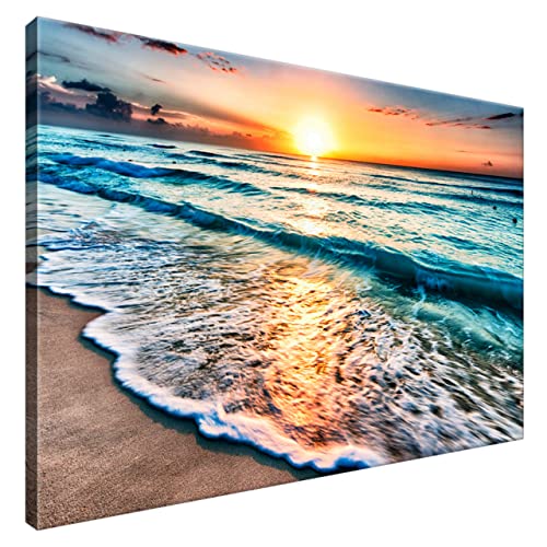 Estika® Leinwand bilder - Meer, Sonnenuntergang, Strand - 90x60 cm, 1 teilige kunstdruck - Wandbilder wohnzimmer, schlafzimmer, Moderne wanddeko, Bild auf leinwand - Natur bilder - 3520A_1L von Estika