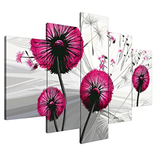 Estika® Leinwand bilder - Pusteblume Magenta - 150x105 cm, 5 teilige kunstdruck - Wandbilder wohnzimmer, schlafzimmer, Moderne wanddeko, Bild auf leinwand - Abstrakt blumen bilder - 5035A_5H von Estika