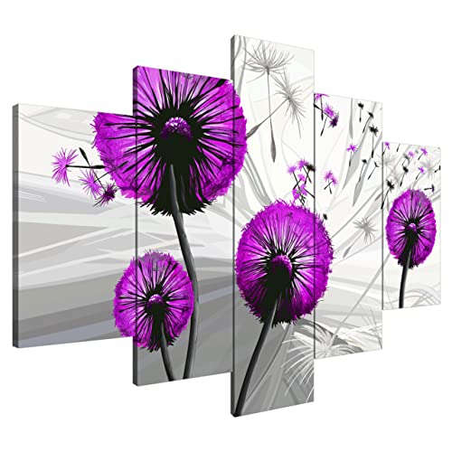 Estika® Leinwand bilder - Pusteblume Violett - 150x105 cm, 5 teilige kunstdruck - Wandbilder wohnzimmer, schlafzimmer, Moderne wanddeko, Bild auf leinwand - Abstrakt blumen bilder - 5122A_5H von Estika