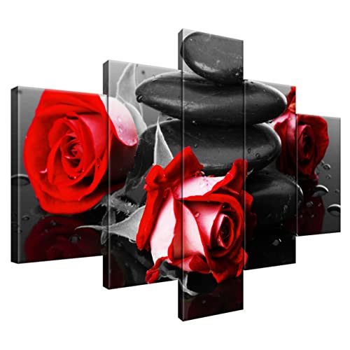 Estika® Leinwand bilder - Rote Rosen auf Spa-Steinen - 100x70 cm, 5 teilige kunstdruck - Wandbilder wohnzimmer, schlafzimmer, Moderne wanddeko, Bild auf leinwand - Blumen bilder - 1400A_5A von Estika
