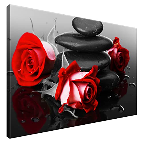 Estika® Leinwand bilder - Rote Rosen auf Spa-Steinen - 90x60 cm, 1 teilige kunstdruck - Wandbilder wohnzimmer, schlafzimmer, Moderne wanddeko, Bild auf leinwand - Blumen bilder - 1400A_1L von Estika