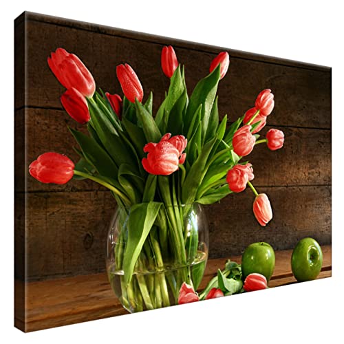 Estika® Leinwand bilder - Rote Tulpen in Glasvase - 60x40 cm, 1 teilige kunstdruck - Wandbilder wohnzimmer, schlafzimmer, Moderne wanddeko, Bild auf leinwand - Blumen bilder - 2199A_1E von Estika