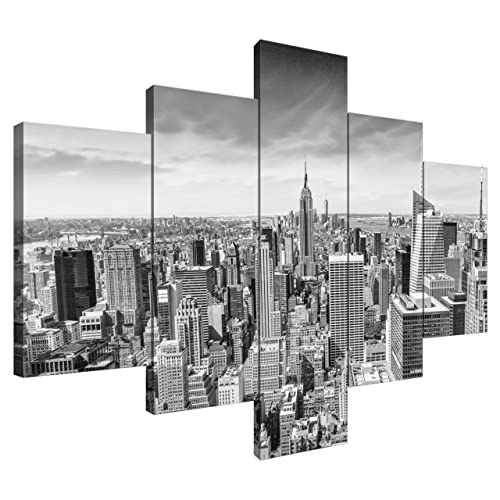 Estika® Leinwand bilder - Schwarz Weiß New York City - 100x70 cm, 5 teilige kunstdruck - Wandbilder wohnzimmer, schlafzimmer, Moderne wanddeko, Bild auf leinwand - New York bilder - 2176A_5A von Estika