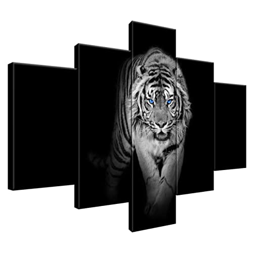 Estika® Leinwand bilder - Schwarz-weißer Tiger, Blau Augen - 100x70 cm, 5 teilige kunstdruck - Wandbilder wohnzimmer, schlafzimmer, Moderne wanddeko, Bild auf leinwand - Tiere bilder - 4968A_5A von Estika