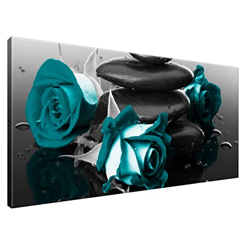 Estika® Leinwand bilder - Türkis Rosen auf Spa-Steinen - 115x55 cm, 1 teilige kunstdruck - Wandbilder wohnzimmer, schlafzimmer, Moderne wanddeko, Bild auf leinwand - Blumen bilder - 2553A_1AE von Estika