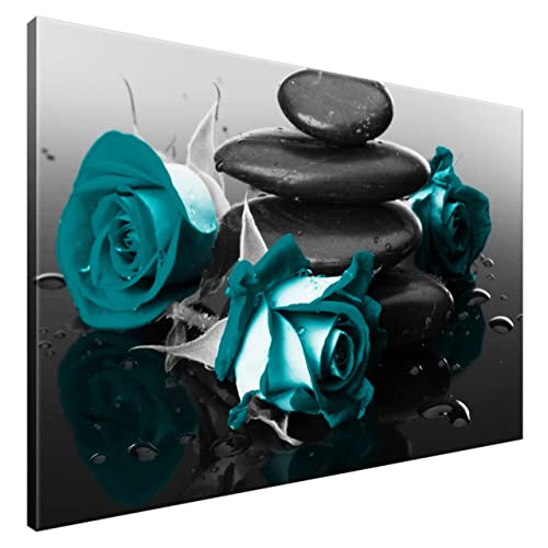 Estika® Leinwand bilder - Türkis Rosen auf Spa-Steinen - 120x80 cm, 1 teilige kunstdruck - Wandbilder wohnzimmer, schlafzimmer, Moderne wanddeko, Bild auf leinwand - Blumen bilder - 2553A_1B von Estika