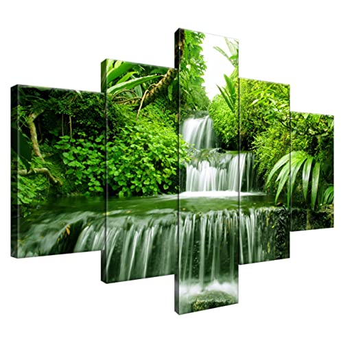 Estika® Leinwand bilder - Urwald, Wasserfall, Grüner Wald - 100x70 cm, 5 teilige kunstdruck - Wandbilder wohnzimmer, schlafzimmer, Moderne wanddeko, Bild auf leinwand - Natur bilder - 2353A_5A von Estika