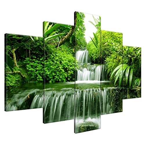 Estika® Leinwand bilder - Urwald, Wasserfall, Grüner Wald - 150x105 cm, 5 teilige kunstdruck - Wandbilder wohnzimmer, schlafzimmer, Moderne wanddeko, Bild auf leinwand - Natur bilder - 2353A_5H von Estika