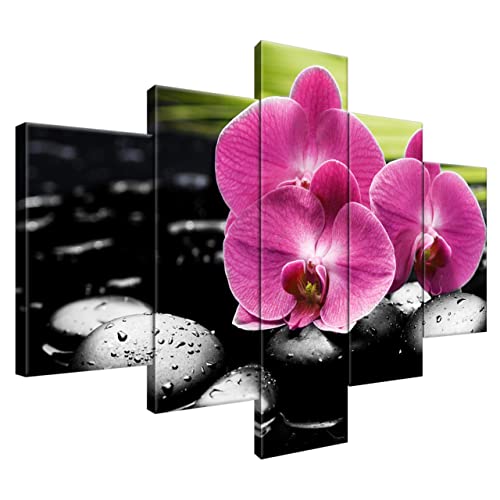 Estika® Leinwand bilder - Violette Orchideen, Schwarz weiß Hintergrund - 100x70 cm, 5 teilige kunstdruck - Wandbilder wohnzimmer, schlafzimmer, Moderne wanddeko, Bild auf leinwand - 1866A_5A von Estika