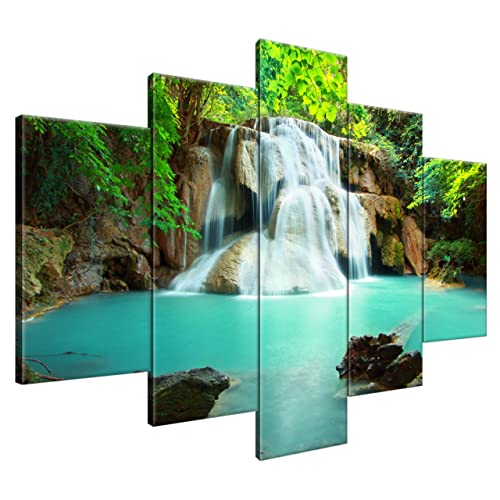 Estika® Leinwand bilder - Wasserfall, See, Wald, Baum - 150x105 cm, 5 teilige kunstdruck - Wandbilder wohnzimmer, schlafzimmer, Moderne wanddeko, Bild auf leinwand - Natur bilder - 1969A_5H von Estika