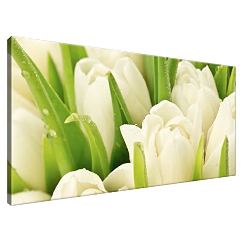 Estika® Leinwand bilder - Weiße Tulpen - 115x55 cm, 1 teilige kunstdruck - Wandbilder wohnzimmer, schlafzimmer, Moderne wanddeko, Bild auf leinwand - Blumen bilder - 1254A_1AE von Estika