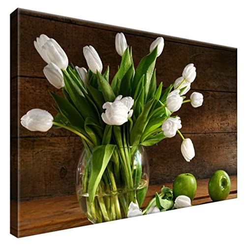 Estika® Leinwand bilder - Weiße Tulpen in Glasvase - 60x40 cm, 1 teilige kunstdruck - Wandbilder wohnzimmer, schlafzimmer, Moderne wanddeko, Bild auf leinwand - Blumen bilder - 2246A_1E von Estika