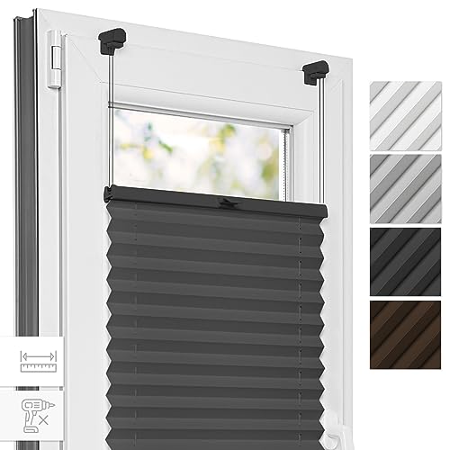 Estika® Plissee ohne Bohren, Vollfarbiges Plissee - Anthrazit - 90 cm x 100 cm - Bruchfeste Klemmhalter, Plissee klemmfix, Rollos für Fenster ohne Bohren, Jalousien Fenster für innen, Raffrollo von Estika