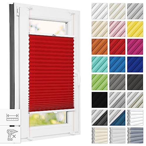 Estika® Plissee ohne Bohren 100 cm x 120 cm - Rot - Bruchfeste Klemmhalter, Plissee klemmfix, Rollos für Fenster ohne Bohren, Jalousien Fenster für innen, Raffrollo, Fenster plissee von Estika