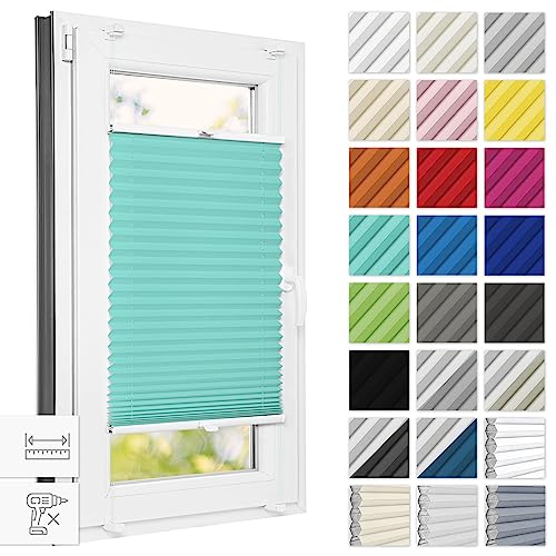 Estika® Plissee ohne Bohren 105 cm x 230 cm - Türkis - Bruchfeste Klemmhalter, Plissee klemmfix, Rollos für Fenster ohne Bohren, Jalousien Fenster für innen, Raffrollo, Fenster plissee von Estika