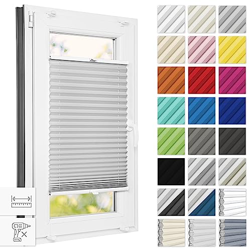 Estika® Plissee ohne Bohren 110 cm x 200 cm - Hellgrau - Bruchfeste Klemmhalter, Plissee klemmfix, Rollos für Fenster ohne Bohren, Jalousien Fenster für innen, Raffrollo, Fenster plissee von Estika