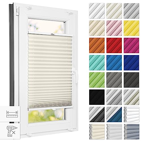 Estika® Plissee ohne Bohren 115 cm x 200 cm - Elfenbein - Bruchfeste Klemmhalter, Plissee klemmfix, Rollos für Fenster ohne Bohren, Jalousien Fenster für innen, Raffrollo, Fenster plissee von Estika