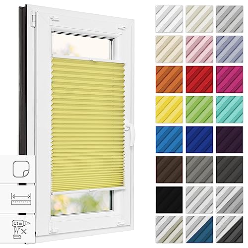 Estika® Plissee zum kleben 120 cm x 100 cm - Gelb - Plissee ohne Bohren, Plissee kleben, Rollos für Fenster ohne Bohren, Jalousien Fenster für innen, Raffrollo, Fenster plissee von Estika