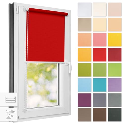 Estika® Rollo für Fenster ohne Bohren - 125cm x 150cm - Rot - 25 Stoff Farben, Klemmfix Montage, Fenster rollos für innen, Sichtschutz für Fenster und balkontür (125 cm Stoffbreite) von Estika