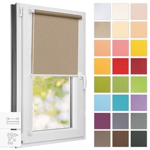 Estika® Rollo für Fenster ohne Bohren - 65cm x 220cm - Dunkelbeige - 25 Stoff Farben, Klemmfix Montage, Fenster rollos für innen, Sichtschutz für Fenster und balkontür (65 cm Stoffbreite) von Estika