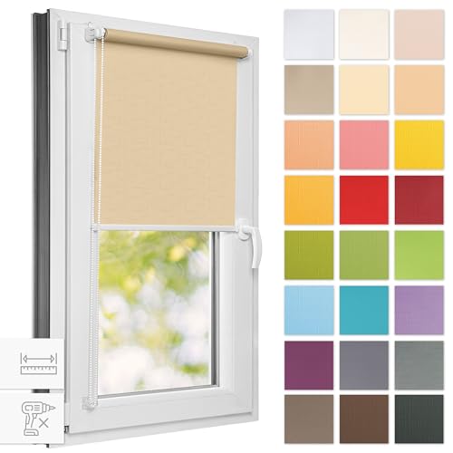 Estika® Rollo für Fenster ohne Bohren - 95cm x 220cm - Cremig - 25 Stoff Farben, Klemmfix Montage, Fenster rollos für innen, Sichtschutz für Fenster und balkontür (95 cm Stoffbreite) von Estika