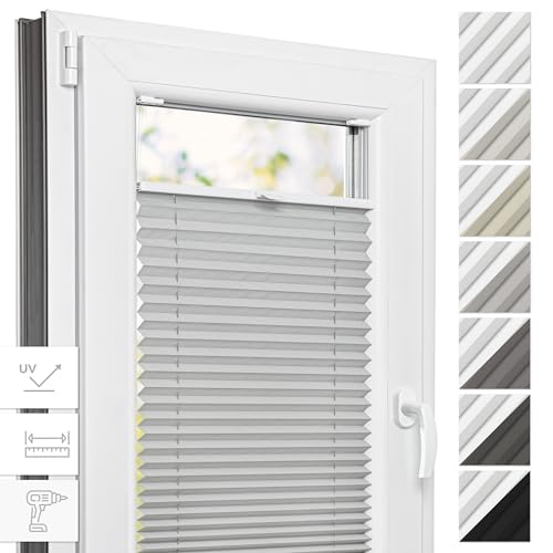 Estika® Thermo Plissee mit Bohren - 120 cm x 200 cm - Farbe: Hellgrau - Plissee Blickdicht, Fenster rollos für innen, Plissee Verdunklung, Rollos für Fenster von Estika