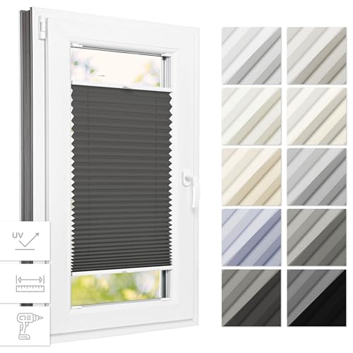 Estika® Thermo Plissee mit Bohren 30 cm x 50 cm - Anthrazit - Rollos für Fenster mit Bohren, Jalousien Fenster für innen, Raffrollo, Fenster plissee von Estika