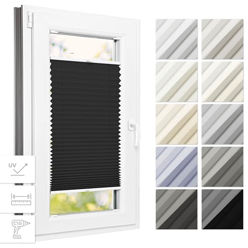 Estika® Thermo Plissee mit Bohren 35 cm x 100 cm - Schwarz - Rollos für Fenster mit Bohren, Jalousien Fenster für innen, Raffrollo, Fenster plissee von Estika