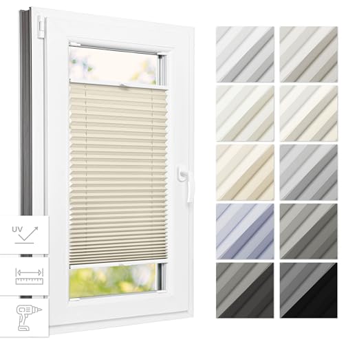 Estika® Thermo Plissee mit Bohren 35 cm x 120 cm - Beige - Rollos für Fenster mit Bohren, Jalousien Fenster für innen, Raffrollo, Fenster plissee von Estika