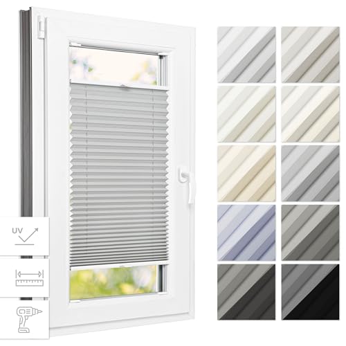 Estika® Thermo Plissee mit Bohren 45 cm x 100 cm - Hellgrau - Rollos für Fenster mit Bohren, Jalousien Fenster für innen, Raffrollo, Fenster plissee von Estika