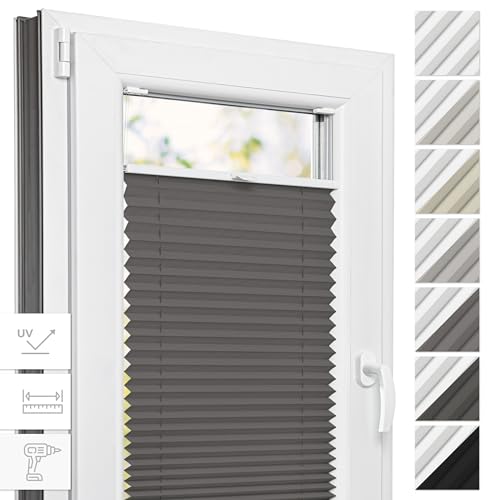 Estika® Thermo Plissee mit Bohren - 70 cm x 180 cm - Farbe: Grau - Plissee Blickdicht, Fenster rollos für innen, Plissee Verdunklung, Rollos für Fenster von Estika