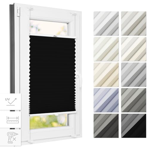 Estika® Thermo Plissee ohne Bohren 120 cm x 120 cm - Schwarz - Bruchfeste Klemmhalter, Plissee klemmfix, Rollos für Fenster ohne Bohren, Jalousien Fenster für innen, Raffrollo, Fenster plissee von Estika