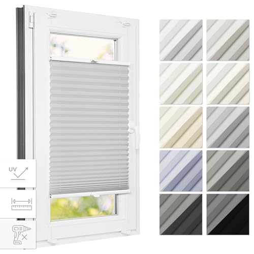 Estika® Thermo Plissee ohne Bohren 125 cm x 180 cm - Hellgrau - Bruchfeste Klemmhalter, Plissee klemmfix, Rollos für Fenster ohne Bohren, Jalousien Fenster für innen, Raffrollo, Fenster plissee von Estika