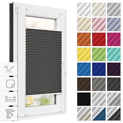 Estika Thermo Plissee zum kleben verdunkelung 110 cm x 230 cm - Blackout: Graphit-Weiß - Plissee kleben, Plissee ohne Bohren, Plisees ohne Bohren Blickdicht, Verdunklungsplissee von Estika