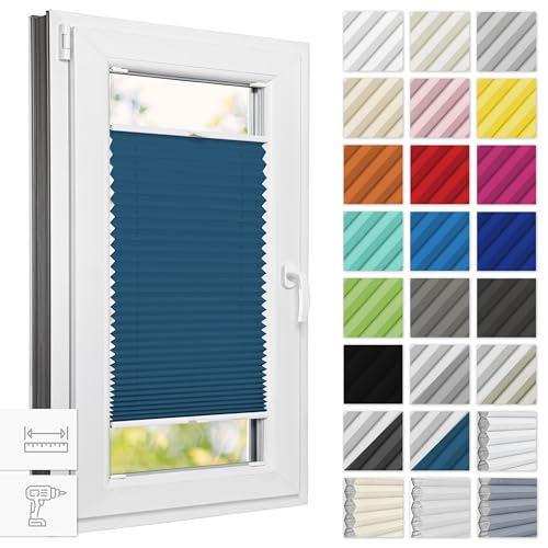 Estika® Thermo plissee mit Bohren verdunkelung 115 cm x 120 cm - Blackout: Dunkles Türkis-Weiß - Rollos für Fenster, Jalousien Fenster für innen, Raffrollo, Fenster plissee von Estika