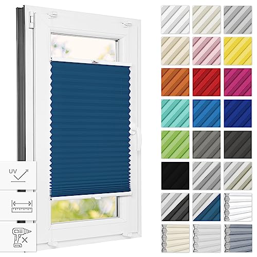 Estika® Thermo plissee ohne Bohren verdunkelung 70 cm x 120 cm - Blackout: Dunkles Türkis-Weiß - Bruchfeste Klemmhalter, Plisees ohne Bohren Blickdicht, Verdunklungsplissee, Plissee klemmfix von Estika