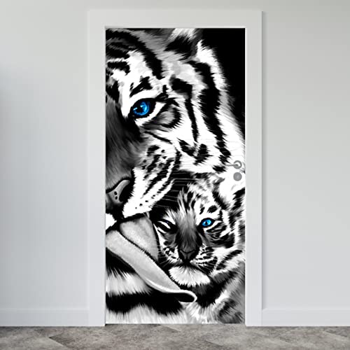 Estika® Türtapete selbstklebend - Schwarz-weiß Tiger - 95x205 cm - Einem Bogen Türposter, Tiere Türaufkleber, Aufkleber PVC Folie, Klebefolie für türen, Tür tattoo, Modern decoration von Estika