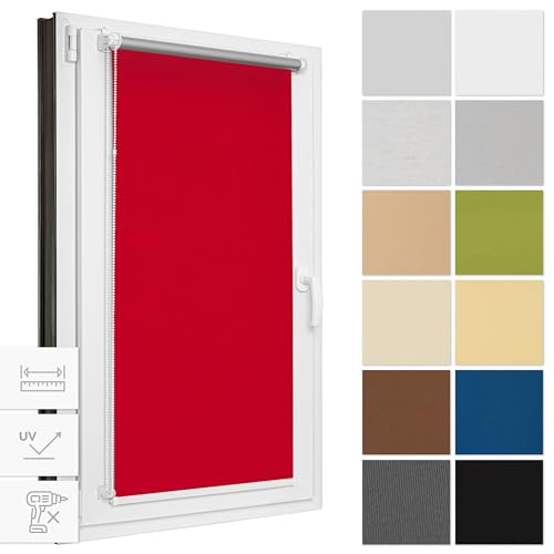 Estika® Verdunklungsrollo ohne Bohren, Breite alle 1 cm - 50 cm x 220 cm - Rot - Thermorollo, Rollos für Fenster ohne Bohren, Sonnenschutz Fenster innen von Estika