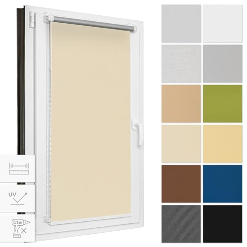 Estika® Verdunklungsrollo ohne Bohren, Breite alle 1 cm - 86 cm x 120 cm - Ecru - Thermorollo, Rollos für Fenster ohne Bohren, Sonnenschutz Fenster innen von Estika