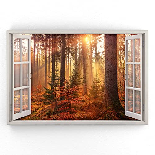 Estika - Leinwand Bilder Fensterblick - Sonnenuntergang, Wald - 120x80 cm - 1 teilige Wandbilder, Bild auf Leinwand, Modern Deko für wohnzimmer schlafzimmer - Natur Landschafts bilder - 5965A_1B von Estika
