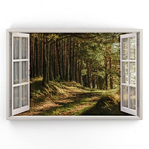 Estika - Leinwand Bilder Fensterblick - Wald - 120x80 cm - 1 teilige Wandbilder, Bild auf Leinwand, Modern Deko für wohnzimmer schlafzimmer - Natur Landschafts bilder - 5984A_1B von Estika