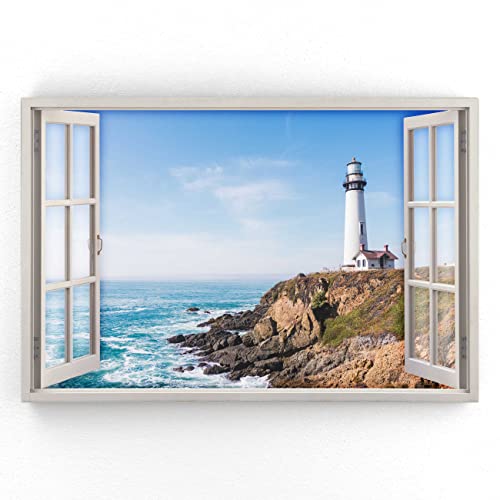 Estika - Leinwand Bilder Fensterblick - Leuchtturm, Meer - 90x60 cm - 1 teilige Wandbilder, Bild auf Leinwand, Modern Deko für wohnzimmer schlafzimmer - Natur Landschafts bilder - 5961B_1L von Estika