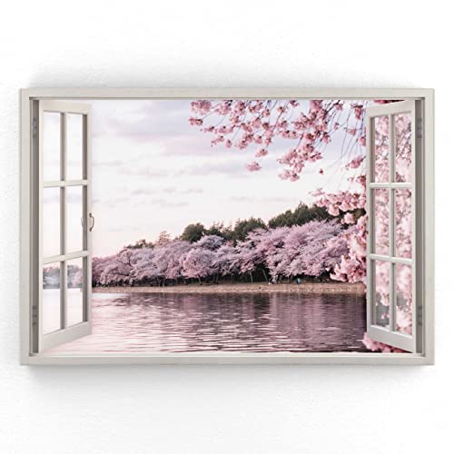 Estika - Leinwand Bilder Fensterblick - Rosa Wald, See - 90x60 cm - 1 teilige Wandbilder, Bild auf Leinwand, Modern Deko für wohnzimmer schlafzimmer - Natur Landschafts bilder - 5979A_1L von Estika