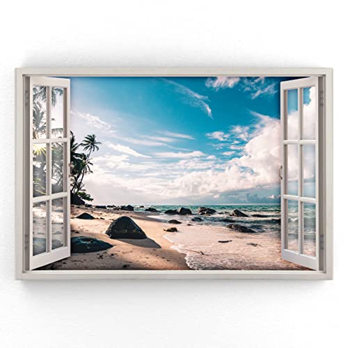 Estika - Leinwand Bilder Fensterblick - Strand, Meer, Palme - 90x60 cm - 1 teilige Wandbilder, Bild auf Leinwand, Modern Deko für wohnzimmer schlafzimmer - Natur Landschafts bilder - 5969A_1L von Estika