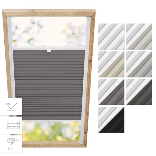 Estika Dachfenster Verdunkelung, Thermo Plisseerollo mit Bohren für Velux Fenster - Modell: P10 - Stofffarbe: Blackout Dunkelgrau-Weiß - Dachfenster Rollo, Fensterrollo innen, Fenster plissee von Estika