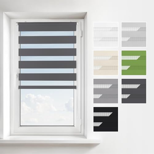 Estika Doppelrollo Klemmfix ohne Bohren - Breit: 110 cm - Höhe: 220 - Farbe: Anthrazit - Jalousien Fenster innen ohne Bohren, Duorollo, Fensterrollo innen von Estika