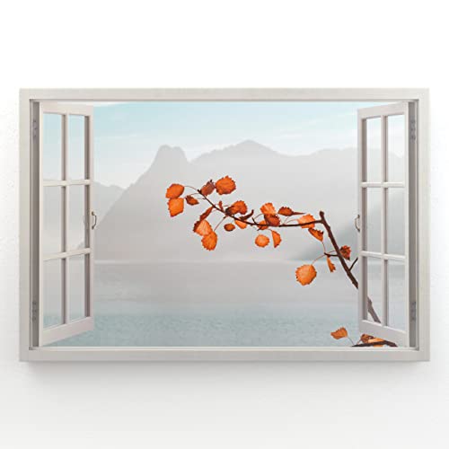 Estika - Leinwand Bilder Fensterblick - Berge, See, Baum - 120x80 cm - 1 teilige Wandbilder, Bild auf Leinwand, Modern Deko für wohnzimmer schlafzimmer - Natur Landschafts bilder - 6006A_1B von Estika