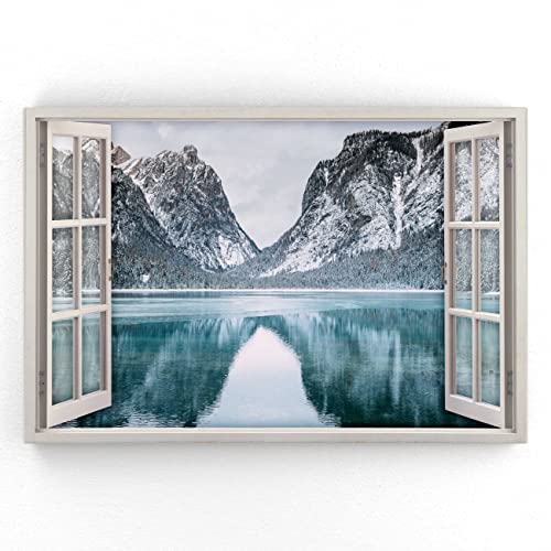 Estika - Leinwand Bilder Fensterblick - Berge, See, Schnee - 120x80 cm - 1 teilige Wandbilder, Bild auf Leinwand, Modern Deko für wohnzimmer schlafzimmer - Natur Landschafts bilder - 5978A_1B von Estika