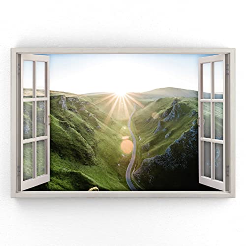 Estika - Leinwand Bilder Fensterblick - Berge, Sonne - 120x80 cm - 1 teilige Wandbilder, Bild auf Leinwand, Modern Deko für wohnzimmer schlafzimmer - Natur Landschafts bilder - 5977A_1B von Estika